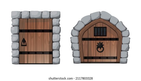 Doors of a medieval castle. Vector cartoon style. Doors with stones isolated on white background.