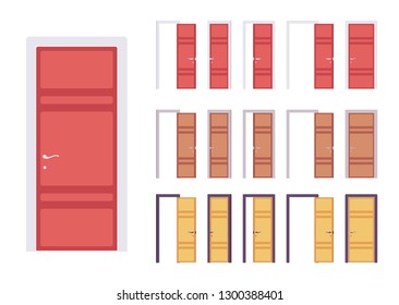 Doors modern set, entrance to a building or room. Home and office contemporary design concept. Vector flat style cartoon illustration isolated on white background, different views, open and closed