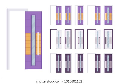 Doors modern set, entrance to building, room. Contemporary house entry. Home, office interesting design ideas. Vector flat style cartoon illustration isolated on white background, different views