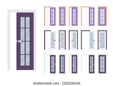 Doors modern set, entrance to building, room. Contemporary house entry. Home, office design concept. Vector flat style cartoon illustration isolated on white background, different views, open, closed