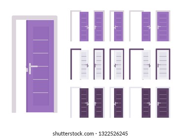 Doors modern set, entrance to building, room. Contemporary house front entry. Home, office design project idea. Vector flat style cartoon illustration isolated on white background, different views