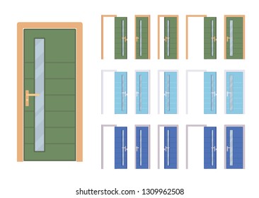 Doors modern set with glass, entrance to building, room. Contemporary house front entry. Home, office design concept. Vector flat style cartoon illustration isolated, white background, different views