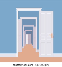 Doors open in many rooms. Metaphor of business, life opportunity, new ways to success, chance and possibility to get future development, complex path to reach goal or dream. Vector illustration