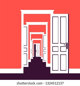 Doors open in many rooms. Metaphor of business, life opportunity, new ways to success, chance and possibility to get development, path to reach goal or dream. Vector illustration, faceless characters