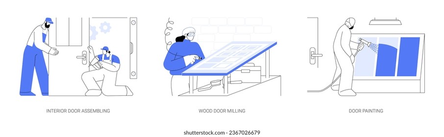 Doors production abstract concept vector illustration set. Interior door assembling, wood door milling and painting with spray booth, furniture mass production line, carpentry abstract metaphor.