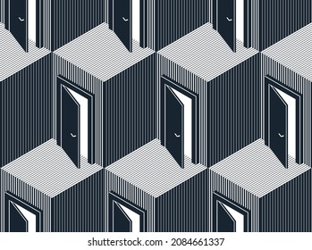 Doors seamless vector background, surreal 3D dimensional interior theme.