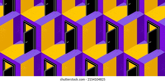 Doors seamless vector background, surreal 3D dimensional interior theme.