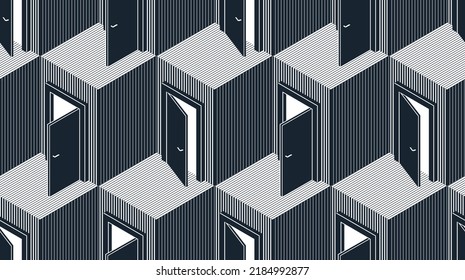 Doors seamless vector background, surreal 3D dimensional interior theme.