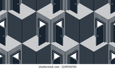 Doors seamless vector background, surreal 3D dimensional interior theme.