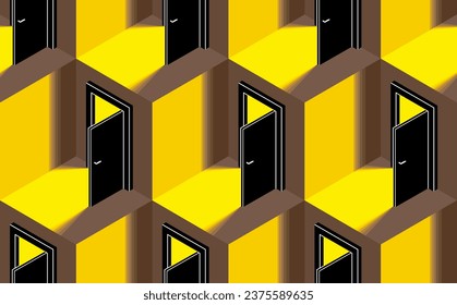 Doors seamless vector background, surreal 3D dimensional interior theme.