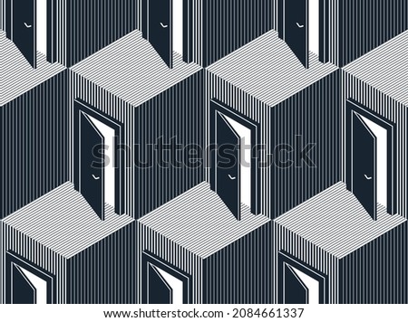 Doors seamless vector background, surreal 3D dimensional interior theme.