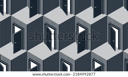 Doors seamless vector background, surreal 3D dimensional interior theme.