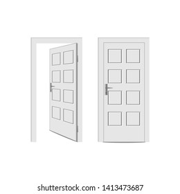 Doors set. Front view opened and closed the door. Isolated vector illustration