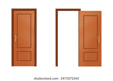 Doors set. Front view opened and closed door. Realistic isolated vector illustration.