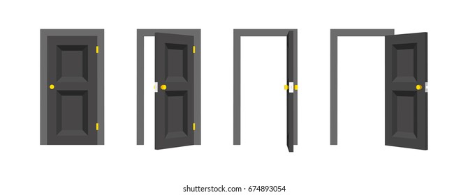 Doors set. Front view opened and closed the door. Isolated vector illustration.