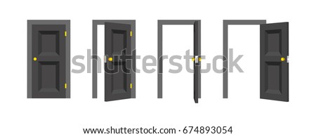 Doors set. Front view opened and closed the door. Isolated vector illustration.