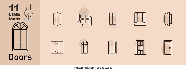 Ícone de conjunto de portas. Vários projetos de portas: portas abertas, fechadas, deslizantes, arqueadas e de painel.
