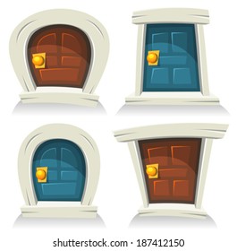 Doors Set/ Illustration of a set of cartoon comic funny little rounded doors, red, blue and closed