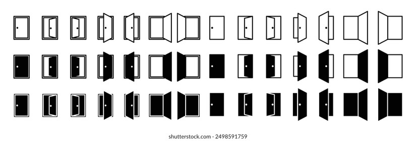 Conjunto de puertas abierto y cerrado conjunto de iconos de puertas. Iconos negros de la puerta del Vector en el fondo blanco. 