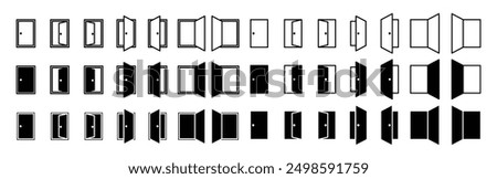 Doors set opened and closed door icon set. Vector black door icons on white background. 