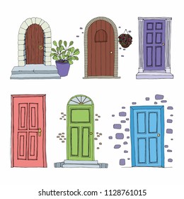 Doors. Set of vector decorative illustrations. Hand drawing