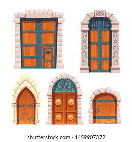 Doors set, wooden and stone medieval or fairytale arched and rectangular entries, palace or castle exterior design elements with floral and forged decoration and ring knobs Cartoon vector illustration