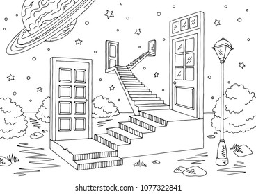Doors space landscape graphic black white sketch illustration vector
