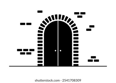 Doors, stone arch and wall icon. Gate. Black silhouette. Vertical front view. Vector simple flat graphic illustration. Isolated object on white background. Isolate.