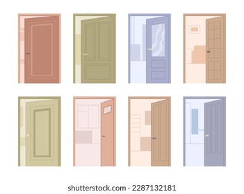 Doors variety, isolated assortment of entrances to apartments or buildings. Wooden entryway and decorative handle. Vector in flat cartoon illustration