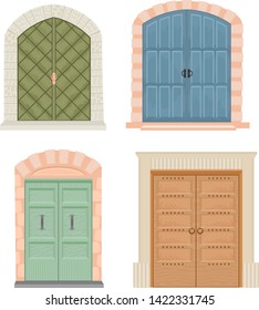 Doors vector vintage doorway front entrance lift entry or elevator indoor house interior illustration set medieval building doorpost doorsill and gate isolated on white background