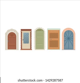 Doors vector vintage doorway front entrance lift entry or elevator indoor house interior illustration set medieval building doorpost doorsill and gate isolated on white background