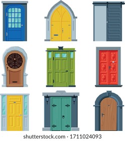 Puertas en colección de estilo vintage, fachadas y apartamentos Elementos de diseño arquitectónico Vector Ilustración