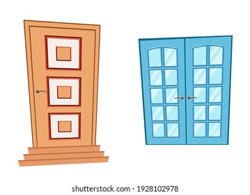 Doors and window  in cartoon style. Vector brown Doors and blue window isolated. Illustration in flat style. 
