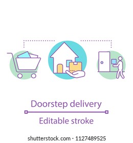 Doorstep delivery concept icon. Home delivery service idea thin line illustration. Courier. Shipment. Vector isolated outline drawing. Editable stroke
