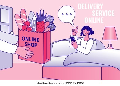 Doorstep delivery to home. Stay home, Save lives concept. Young delivery man or courier delivering a package or bag to Commander. Vector illustration