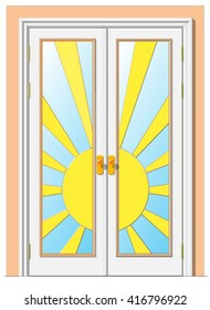 Door-the sun. Design of a glazed double -leaved door of Art Deco style. Door elements, hardware and background are separated. 