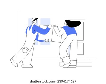 Door-to-door delivery abstract concept vector illustration. Courier delivers the package to the clients door, woman receiving a box outdoors, commercial city transport abstract metaphor.