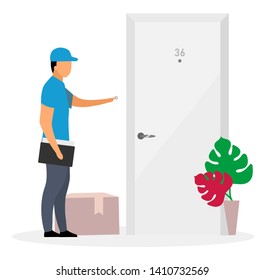 Door-to-door delivery flat vector illustration. Deliveryman, courier ring doorbell isolated cartoon character on white background. Postman delivered parcel, package to door. Shipping service concept