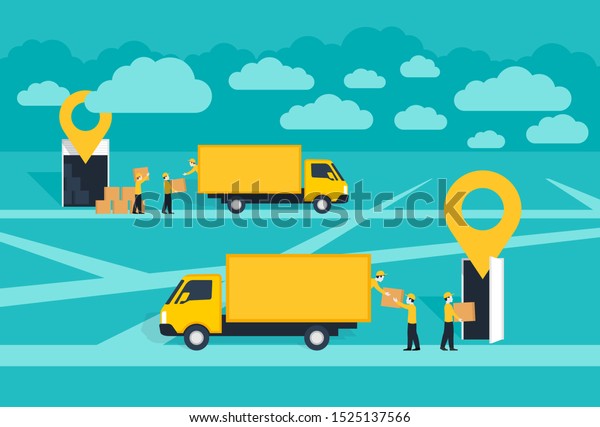 Door-to-door delivery service conceptual\
illustration - cargo truck shipment with loaders team from\
warehouse to destination point with geolocation pins (GPS marks)\
upside dispatch and delivery\
points
