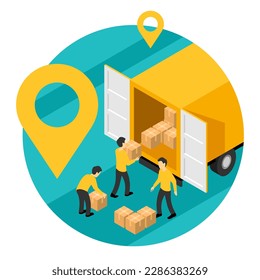 Door-to-door express delivery service conceptual isometric icon - loaders and open truck body