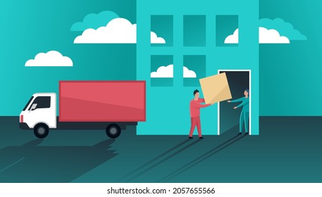 Door-to-door fast delivery service conceptual illustration - loaders and living building fassade - vector illustration