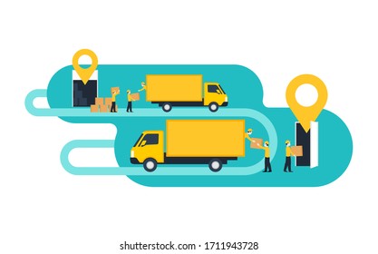 Door-to-door home delivery service concept - cargo truck shipment with loaders team from warehouse to destination point with geolocation pins (GPS marks) upside dispatch and delivery points