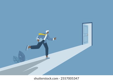 Doorway to business or career opportunities, The concept of access and success, The door to success, Career advancement or hope, Businessman runs towards a brightly lit door ahead. Vector design.
