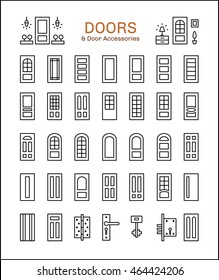 Doorway and hardware. Set of different isolated doors and furniture. Line icon collection.
Entrance door, french glass door, hinge, lock.