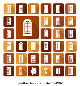 Doorway and hardware. Set of different isolated doors and furniture. Entrance and french glass door. Line icon collection