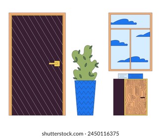 Decoración del vestíbulo de la puerta Conjunto de objetos de dibujos animados lineales 2D. Diseño de entrada de edificio de oficinas línea aislada Elementos de Vector de fondo blanco. Colección de ilustración de punto plano de color de mantenimiento interior