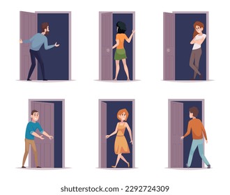 Doorway. People standing next door leaving room entrance exact vector cartoon pictures set