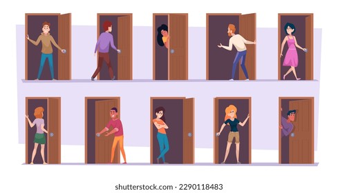 Doorway. People standing in room entrance exact vector cartoon illustrations