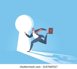 The doorway to success, key to success, business goals, target achievement, successful career or victory concept. Businessman is running toward to the keyhole shaped doorway in blue background.