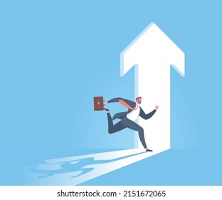 The doorway to success, key to success, business goals, target achievement, successful career or victory concept. Businessman is running toward to the arrow shaped doorway in blue background.